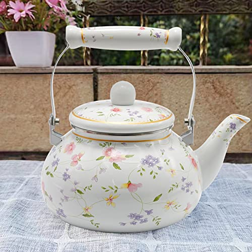 Saihisday Teiera smaltata floreale per piano cottura, 2,5 l, grande bollitore verde floreale con ceramica Handel stile turco (rosa verde)