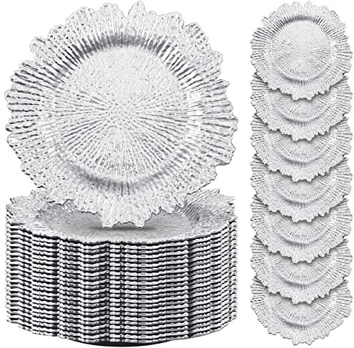 50 Pcs 13 Inch Charger Plates Bulk Plastic Plate Chargers with Floral Reef Design Round Ruffled Rim Dinner Charger Plates for Dinner Wedding Party Event Table Setting Decor (Silver)