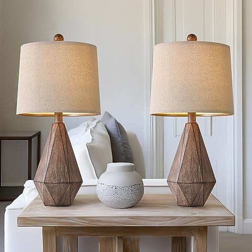 PoKat 20.25 Retro Farmhouse Table Lamp Set of 2 - Living Room & Bedroom Rustic Linen Bedside Nightstand Lamps for Kids, Study, Office - Resin, Suitable for Small Places