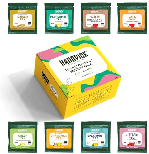 HANDPICK, Tea Bags Sampler Assortment Variety pack Gift Box 8 Flavors, 40 Tea Bags - Perfect Variety | English Breakfast, Green, Black, Herbal & More | Gifts for Him/Her