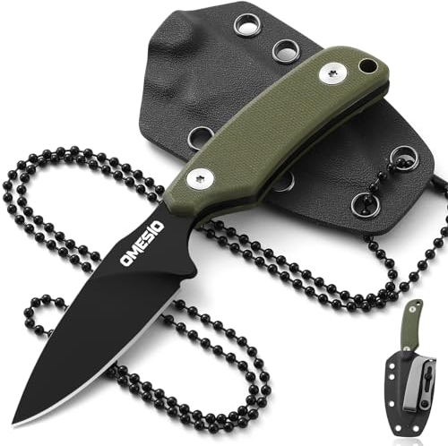 Omesio Neck Knife Messer D2 Stahl, DEC Kleines feststehendes Messer G10 Griff Full Tang mit einer Kydex-Scheide und hat eine Klingenlänge von 7,6 cm, 42a-konform