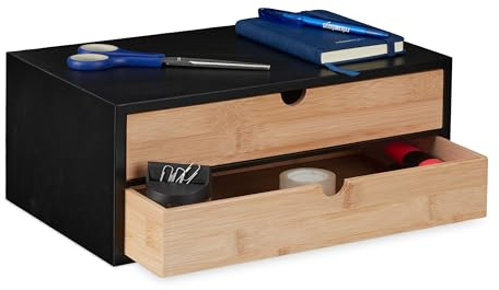 Relaxdays Schubladenbox, Bambus & MDF, Mini Kommode 2 Schubladen, HBT 14x33x21 cm, Schreibtisch Organizer, schwarz/Natur