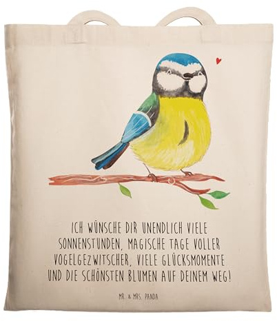 Mr. & Mrs. Panda Shopping Tasche Vogel Blaumeise - Geschenk, Liebe Grüße, Ostern, Laptoptasche, Tote Bag, Frühling, Ostergrüße, stoff shopper, totebag, Ostergeschenke