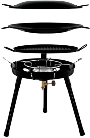 Gas Bullet ® Gasgrill mit Pfanne & Wok + 4 Kartuschen (300g) | für Schraubgaskartuschen | Auseinanderschraubbar | Campinggrill, Party-Grill für Camping, Festivals & Outdoor (Gaskocher + 4 Kartuschen)