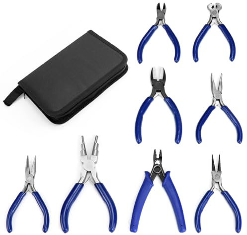 QWORK® Pinze per creazione di gioielli da 8 pezzi Set di pinze per gioielli per principianti e professionisti con custodia