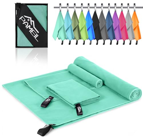 Pameil Microfibre Towel,3 Set(80 x 40cm x2 +160 x 80cm) Large Microfibre,Quick Dry Towel,Gym Workout Travel Swimming Beach Camp Outdoor Hiking (Navy blue) (Mint Green)