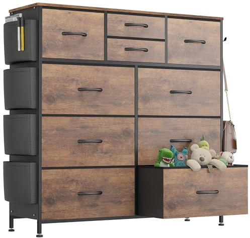 Buluri Tall Chest of Drawers Bedroom, 10 Fabric Drawers Dresser with Side Pockets and Hooks, Wooden Top and Metal Frame, Storage Drawers for Closet, Living room, Kids Room (Rustic Brown)