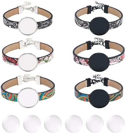 Craftdady 6 Stück PU-Leder-Armbandherstellung, verstellbare Armband-Rohlinge, Lünettenablage, 18 mm, Glas-Cabochons, DIY, für Damen und Herren, Armband-Schmuck-Sets