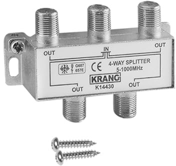Divisor de 4 vías 5-1000MHz, ideal para distribuir señal de televisión y radio en múltiples dispositivos.