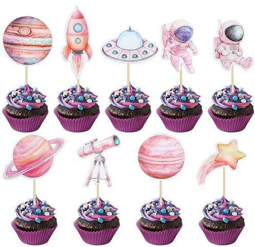 Gyufise 36Pcs Space Astronaut Cupcake Toppers Planet Rocket Telescope Trip to The Moon Cupcake Picks for Outer Space Baby Shower Gender Reveal Birthday Party Cake Decorations Pink