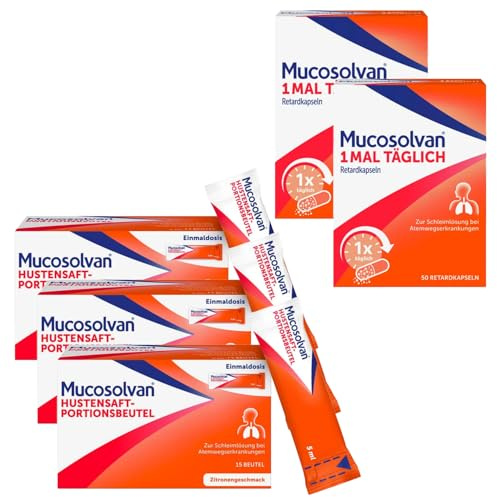 MUCOSOLVAN Hustensaft-Potionsbeutel 3 x 15 Stk + MUCOSOLVAN Retardkapseln 2 x 50 Stk | Schnelle Hustenlinderung | Schleimlöser bei Husten | löst, befreit und schützt | mit Ambroxol
