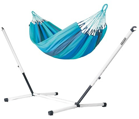 LA SIESTA® Modesta Hamac Simple en Coton Bio & Support en Acier - Hamac sur Pied, Support Hamac Exterieur Interieur - Hamac Portable avec Support, Toile de Hamac 2 Places pour Jardin Balcon - Lagoon