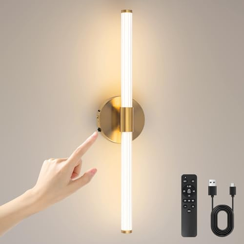 EIDEARAY Battery Operated Wall Lights,USB Rechargeable Wall Light,60CM Gold LED Wall Lamp with Remote Control, Dimmable Touch Wireless Modern Wall Lights for Living Room Bedroom