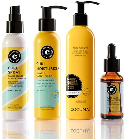 COCUNAT Locken Set Curly Method, Leave-In + Arganöl Serum + Spray | Komplette Locken-Routine: spendet Feuchtigkeit, definiert, nährt und fixiert. Ohne Silikone, Sulfate und Toxine.