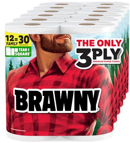 Brawny Tear-A-Square 3-Ply Paper Towels, 12 XL Family Rolls = 30 Regular Rolls, Strong, Absorbent, and Durable with 3 Sheet Sizes (Quarter, Half, Full)
