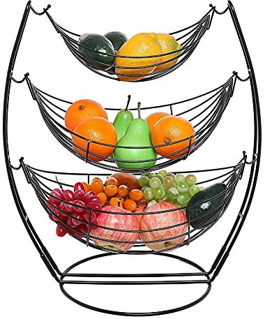 VGVSBG Fruit Bowl 3 Tier Black Triple Hammock Fruit Vegetables Produce Metal Basket Rack Display Stand Fruit Basket Fruit Plate
