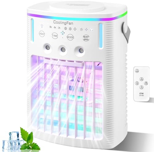 Mini climatiseur mobile avec réservoir d'eau de 1000 ml, ventilateur USB 4 en 1 avec 3 vitesses et mode pulvérisation, veilleuse 7 couleurs, minuterie 8H avec télécommande de refroidissement pour