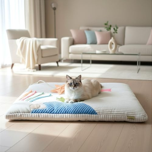 PRASKA Katzen Spielmatte, Interaktives Spielteppich Katze, Welpe – Katzenspielzeug Selbstbeschäftigung, Griffen & Bändern – Weiche Aktivitätsmatte zur Beruhigung 60x80 cm Aqua Design