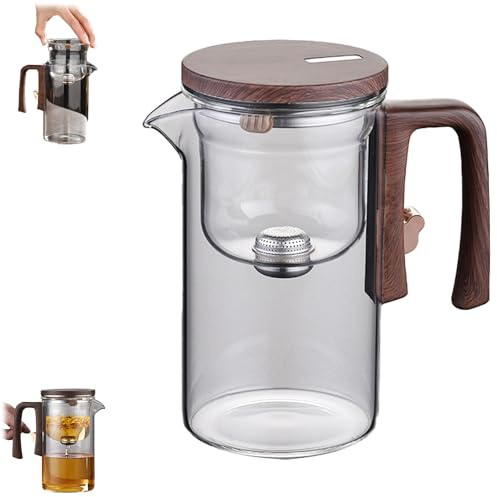 Senomi Infusion Glass Pot, 2-in-1 Magnetic Tea Pot with Infusers, Water Separation Glass Teapot with Wooden Handle,Press Control Teapot for Loose Leaf Tea (720ML)