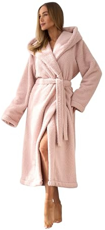 L&L Bademantel Damen lang mit Kapuze I flauschiger Morgenmantel Damen extra lang bis Knöchel – Hausmantel Damen kuschelig warm – Bademäntel für Frauen große Größen aus 100% Polyester (Rosa, M)