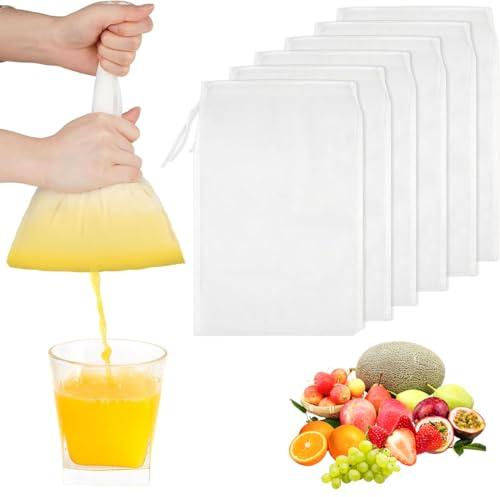 WeddHuis Lot de 6 Sacs à Lait de Noix Réutilisables en Nylon Finement Tissé, Filtre Alimentaire Lavable avec Cordon pour Lait de Noix, Fromage, Café, Yaourt, Jus de Fruits (20 × 30 cm)