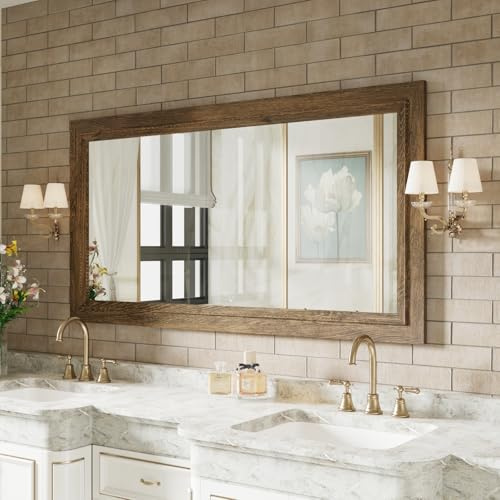 Rustic Wall-Mounted Vanity Mirror, Solid Wood Frame Bathroom Mirror, Farmhouse Style for Living Room, Bedroom, Entryway, Horizontal/Vertical Hanging
