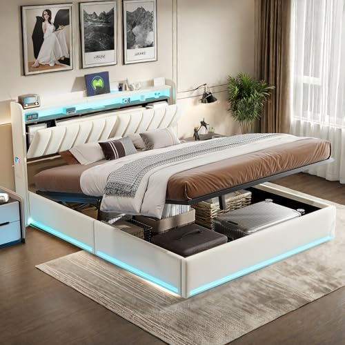 FUCMKON Polsterbett 140x200 mit Stauraum,Doppelbett mit Kopfteil,Jugendbett Bettgestell mit Lattenrost,Hydraulisches Stauraumbett mit LED-Beleuchtung & USB,Samt,Ohne Matratze (Beige C, 140x200cm)