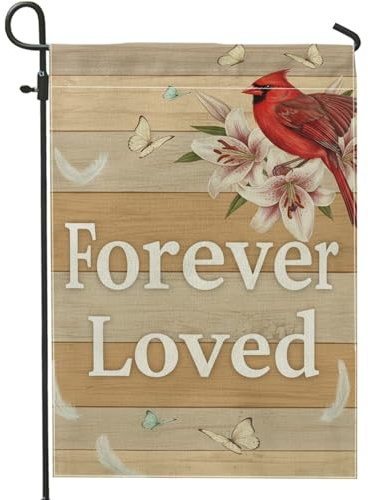 Bandiera da giardino cardinale, commemorativa della natura con giglio e farfalla, in iuta rossa, su entrambi i lati, decorativa, per esterni, patio, prato, portico, ingresso, campeggio, 30,5 x 45,7 cm