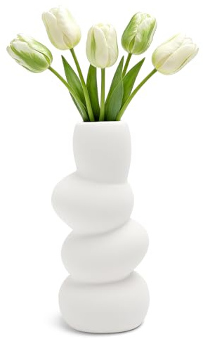 XRVRILE Vase en céramique Blanc Moderne – Vase Effet Pierre 20 cm, Vase Design pour Pampas et Fleurs séchées, Vase Fleurs fraîches, Vase décoration Salon, intérieure, Style scandinave Minimaliste