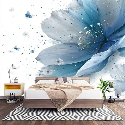 Camera Letto Carta da Parati 200x140 cm Fiori Blu Acquerellati Fotomurali in TNT alla moda Decorazione da Muro XXL Poster Mural Bianco Gigante Carta per Pareti Soggiorno Cameretta