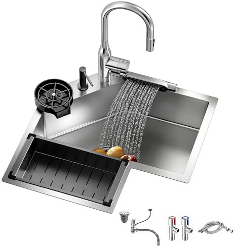 Fregadero Cocina Esquina, Fregaderos de Cocina de Acero Inoxidable 304, con Grifo Extraíble y Kit Desagüe, Apto para Hogares, Restaurantes y Bares(Silver,68.8x68.8cm/27x27in)