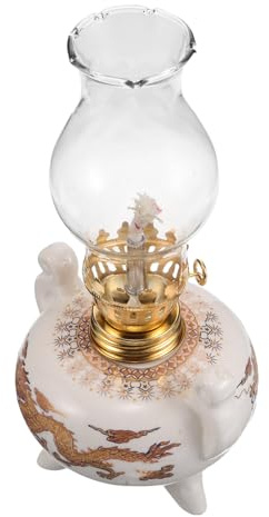 JUMPLAWN Weiße Öllampe mit Glaskammer im Chinesischen Stil Dimmbar und Stabile Flamme Keramik und Glas Elegante Vintage Tischlampe für Outdoor Dekorationen