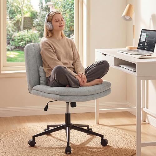 IUXPAM Bürostuhl ohne Armlehne ergonomisch, Schreibtischstuhl mit Rollen, für Schneidersitz, 360° drehbarer & höhenverstellbarer Drehstuhl für Home Office, Schminktisch (Leinen, Grau)