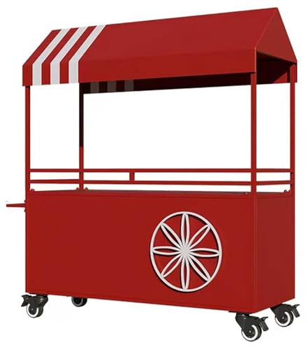 Bärbar Mobil Gatuförsäljare Matvagn, Järnmatvagnsdisplay med Tak och Hjul för Gata, Fester, Marknad(Red,180cm/71in)