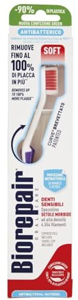 Biorepair, Spazzolino Denti Sensitive, Spazzolino Morbido per Denti Sensibili, Setole Morbide, Forma Curva Brevettata, Inibisce la Crescita Batterica Fino al 90%, Rimuove Fino al 100% di Placca