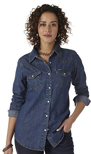 Wrangler Western Long Sleeve Denim Snap Shirt Camicia, Jeans Scuro, XL Donna