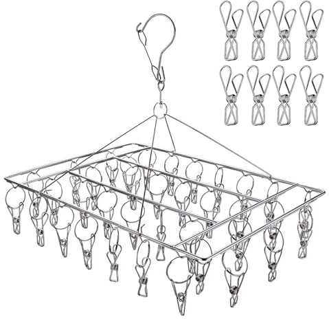 Homnoble 1pc Tendedero Calcetines de Acero Inoxidable con Gancho Giratorio Resistente al Viento para Calcetines Ropa Interior Sujetadores Ropa de Niños Guantes (con 8 Clips de Repuesto)