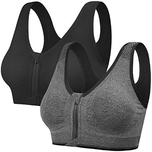Tuopuda Reggiseno Sportivo Reggiseno Sonno Intimo Donna Senza Ferretto con Cerniera Frontale e Pastiglie Rimovibili per Ginnastica Corsa Jogging Yoga, Nero + Grigio, L