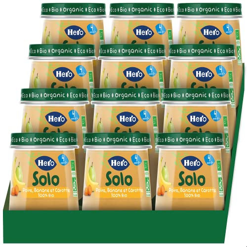 Hero Solo BIO - Petits Pots Poire Banane Carotte Biologique 100% d'Origine naturelle, Sans Gluten, Sans Oeufs, Sans Lactose - pour Bébés Dès 4 Mois - Lot de 12 x 120 g