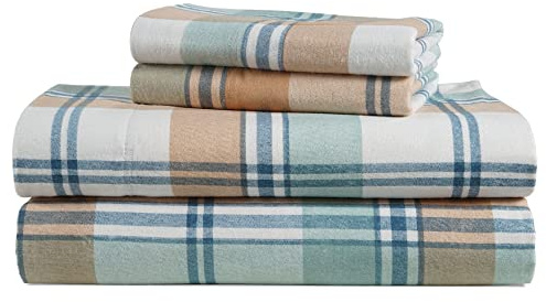 LANE LINEN 100% Cotton Full Flannel Sheets Set - Brushed for Extra Softness - Lightweight & Durable Cotton Flannel Full Sheet Sets - Warm & Cozy 15 Deep Pocket Plaid Flannel Sheets - White Plaid