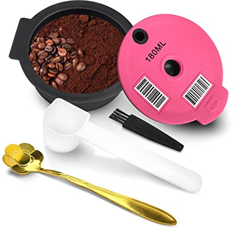 NOTSEK Capsules de café réutilisables pour machine Bosch Tassimo - Capsules de café rechargeables avec couvercle en silicone - Filtre à café rechargeable avec code-barres lisible (rose rouge, 180 ml)