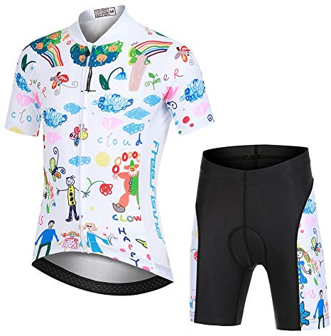 SXSHUN Conjunto de maillot de ciclismo para niños, transpirable, de manga corta, camiseta de ciclismo + pantalones acolchados de secado rápido, para niños y niñas, Pintada a mano., 122-128 cm
