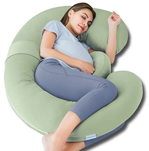 QUEEN ROSE Cooling Pregnancy Pillows - E Shaped Pregnancy Pillows for Sleeping, Detachable Body Pillow for Pregnant Side Sleeper, Cooling Silky Cotton Cover, Sage Green