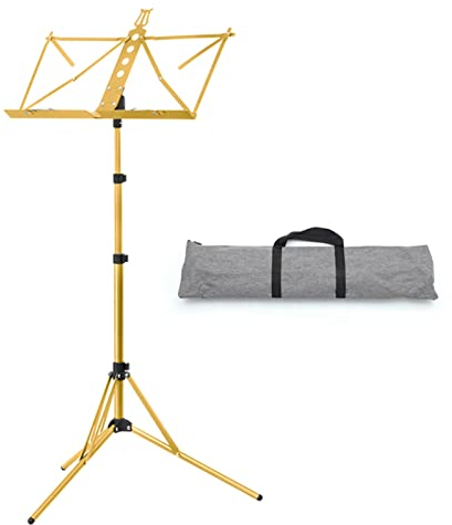 Notenständer klappbarer, Tragbarer Aluminium-Notenpult, Notenhalter für Kinder & Erwachsene, Leicht und Kompakt zum lagern und Reisen, mit Tragetasche (Color : Gold)
