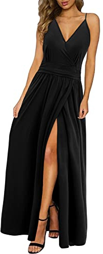 Newshows Femmes Eté Profond Décolleté en V Loisirs Robe Spaghetti Imprimé Fleur Split Maxi pour la fête de Plage (Noir,S)