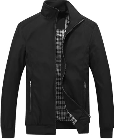 KUDORO Herren leichte Jacke für Frühling Sommer Reißverschluss Outdoor Jacke Casual Bomber Einfarbige Winddichte Jacke Halskette Mann Jacke Aviator Thin Classic Casual(Schwarz,XL)
