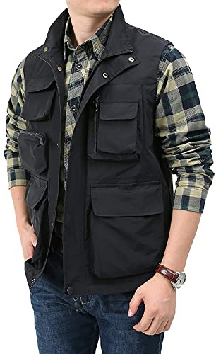 BOOMLEMON Men's Casual Outdoor Work Vest Safari Fishing Shooting Vests Lightweight Travel Cargo Jacket With Multi Pockets(Black L)