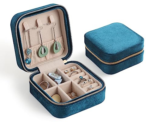 CASEGRACE Reise-Schmuckkästchen, Plüsch-Samt-Schmuckbox, kleines Schmuck-Reise-Organizer-Display, Aufbewahrungsbox für Ringe, Halskette, Armband, Ohrringe für Frauen und Mädchen, blau