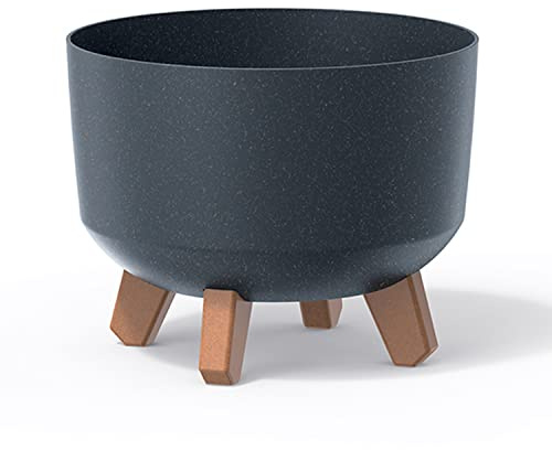 Vaso per Fiori piante Tondo Gracia Regular ECO WOOD Decorativo in Plastica e 33% Legno da Interno Esterno 29x29x22 cm Nero Design Moderno 10 Litri