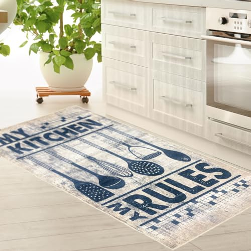 Teppich-Traum Küchenläufer beige mit Gelrücken waschbar mit Kochutensilien und Schriftzug in schwarz, 80 x 150 cm